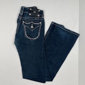 Y2K Low Rise Miss Me Jeans in Dark Wash Bootcut Embellished Grunge Women's 24